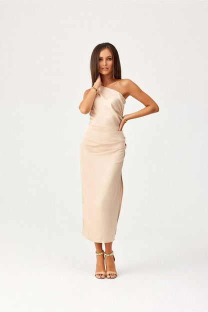Stylish display of the Roco Fashion one-shoulder midi dress in an elegant setting, showcasing its versatile and sophisticated design for any event.