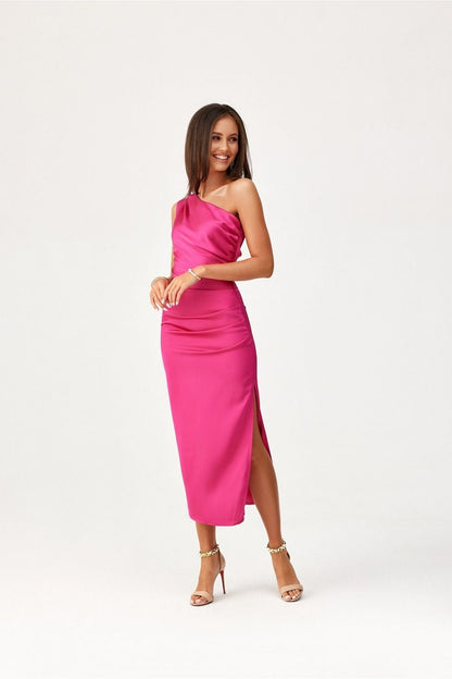 Full-length showcase of the luxurious satin one-shoulder midi dress by Roco Fashion, perfect for making a statement at any event.