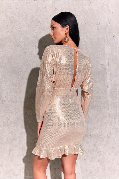 Elegant sequin mini dress with flared sleeves and ruffled hem by Roco Fashion, showcasing a glamorous envelope neckline that adds sophistication.