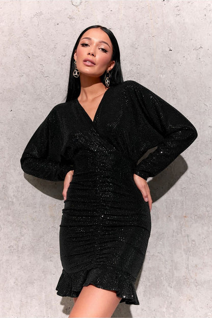 Close-up view of the sparkling sequins on the Elegant Mini Dress by Roco Fashion, highlighting the meticulous craftsmanship and luxury style.