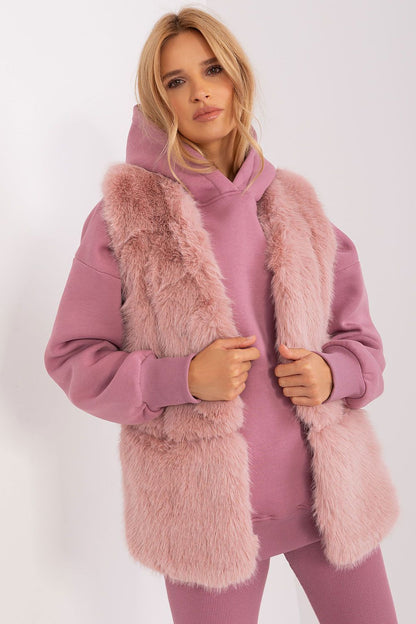 Elegant soft polyester fur gilet showcasing stylish design and practicality by AT.