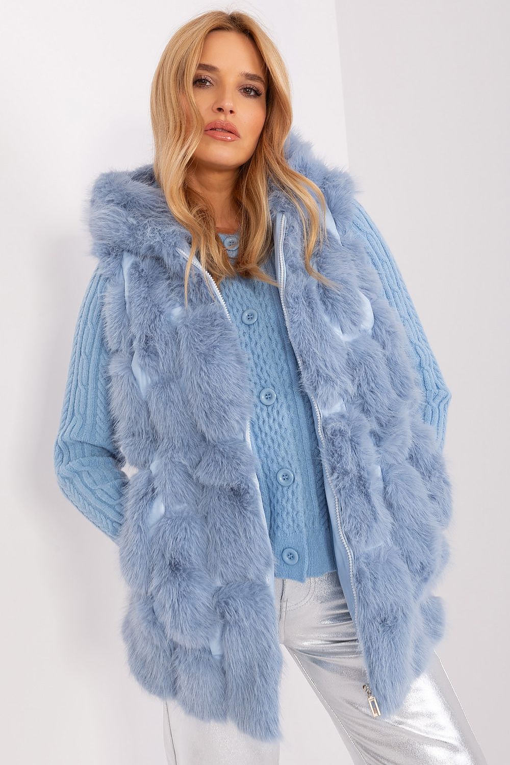 Elegant Women's Fur Vest with Hood by AT - Luxurious polyester gilet showcasing soft texture and stylish design, perfect for warm and fashionable everyday wear.