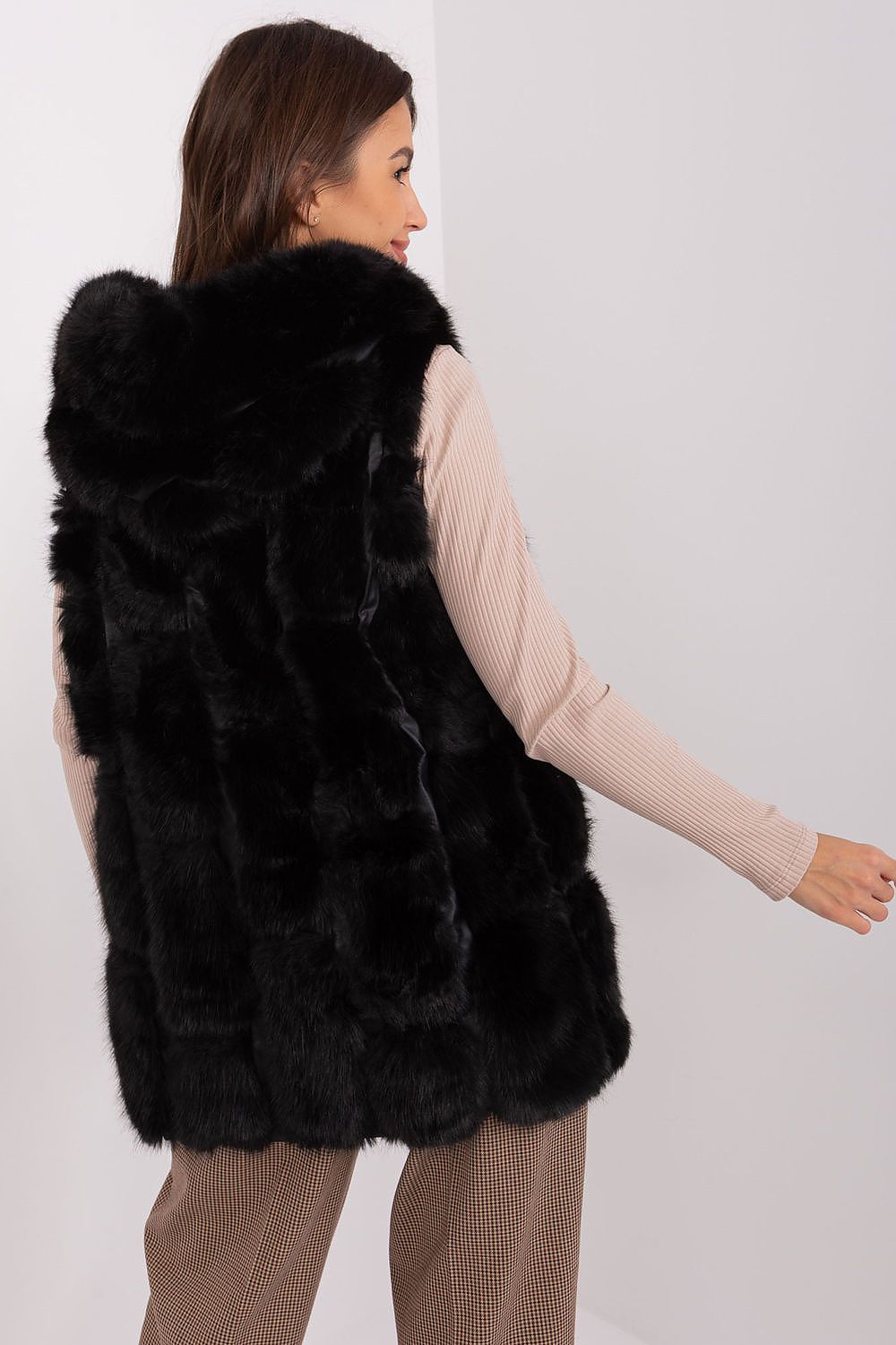 Elegant Women's Fur Vest with Hood by AT, crafted from luxurious polyester for a chic, warm style.