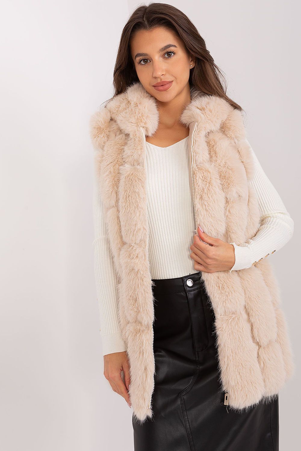 Versatile and elegant fur vest by AT, available in various sizes, ideal for both casual outings and elegant affairs.