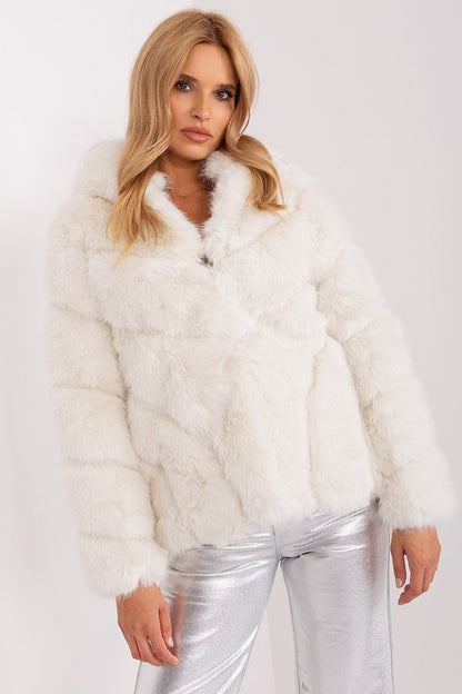 Luxury 100% Polyester fur jacket with a hood by AT, featuring long sleeves, pockets, and hook-and-loop closure for ultimate comfort on cold days.