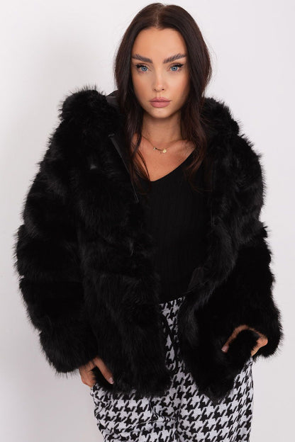 Close-up of AT fur jacket's luxurious texture and hook-and-loop closure, ideal for stylish warmth during winter.