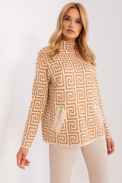 Elegant geometric pattern long sleeve sweater by AT, featuring a stylish half turtleneck and practical zippered pockets.