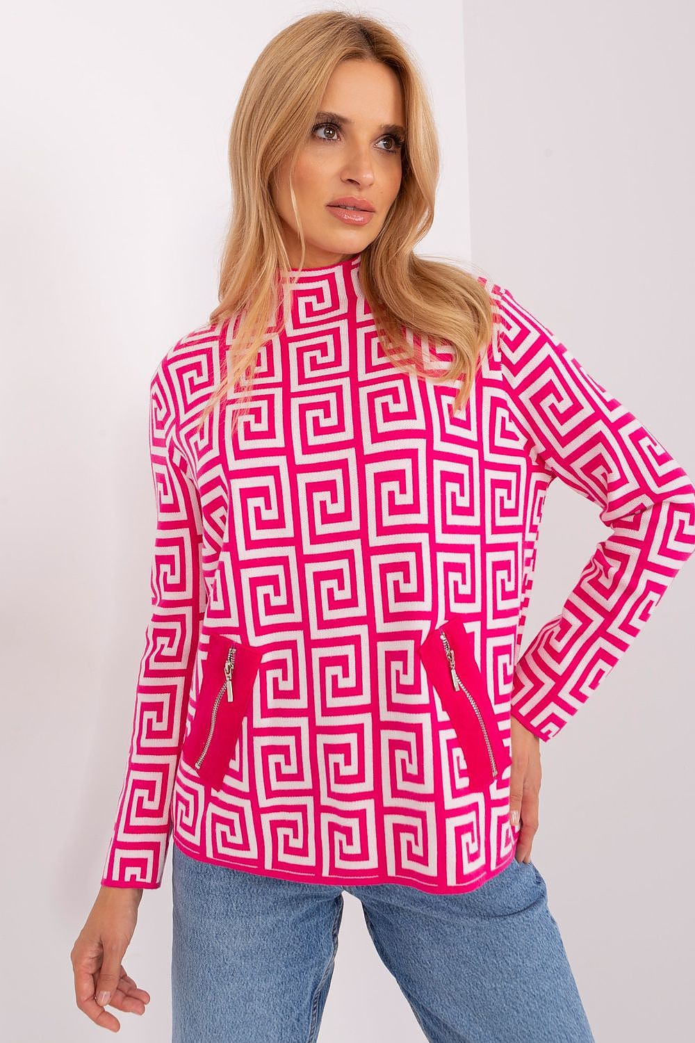 Elegant geometric pattern women's long sleeve half turtleneck sweater by AT, featuring chic zippered pockets, ideal for stylish everyday wear.