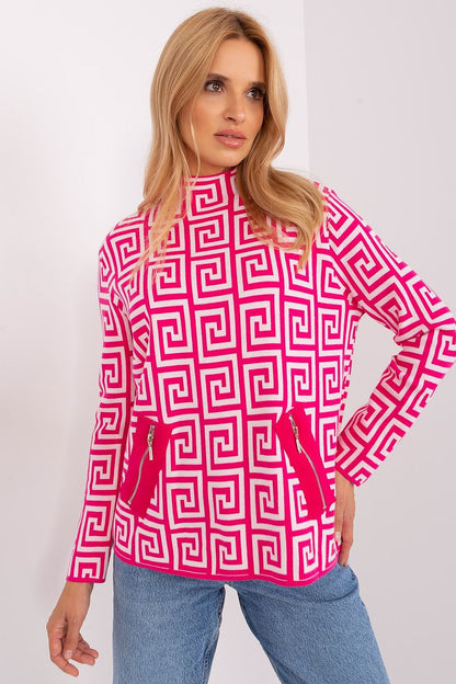 Elegant geometric pattern women's long sleeve half turtleneck sweater by AT, featuring chic zippered pockets, ideal for stylish everyday wear.