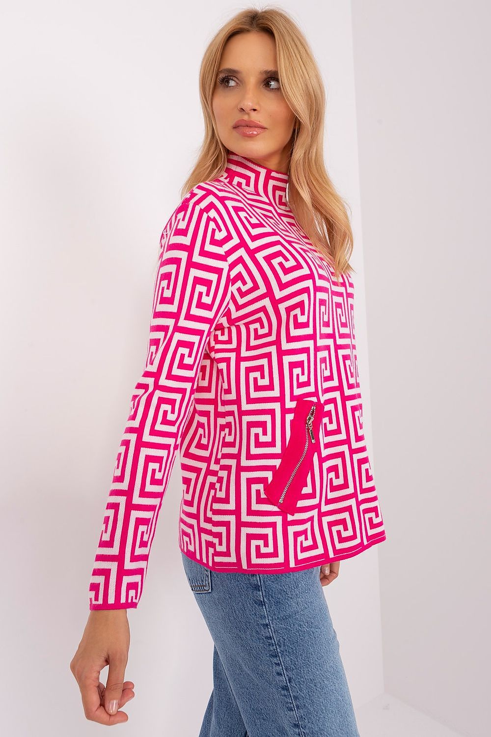 Sophisticated women's long sleeve half turtleneck sweater from AT, showcasing a unique geometric design and practical zippered pockets for modern functionality.