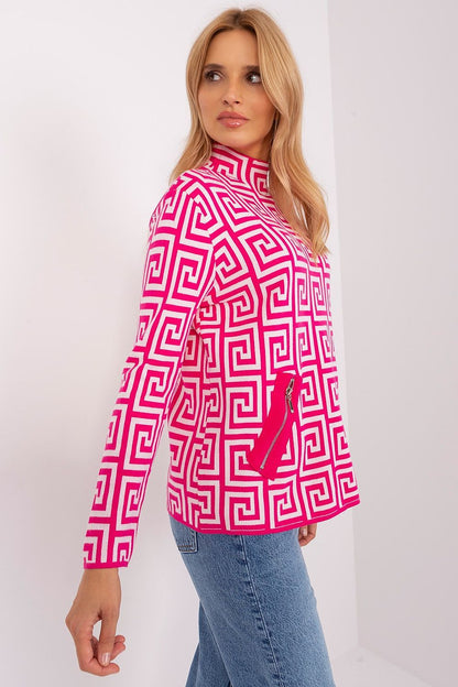 Sophisticated women's long sleeve half turtleneck sweater from AT, showcasing a unique geometric design and practical zippered pockets for modern functionality.