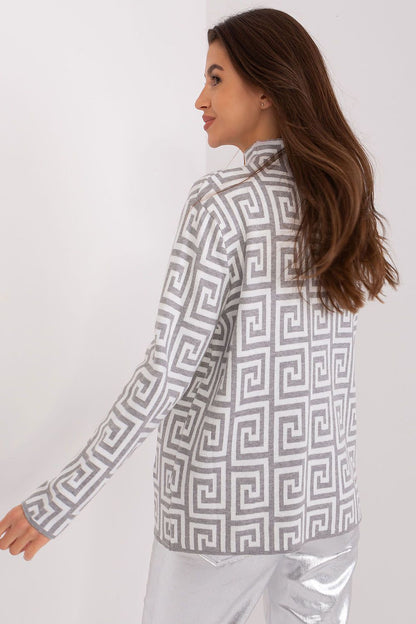 Luxury women's long sleeve half turtleneck sweater by AT featuring a geometric pattern and stylish zippered pockets.