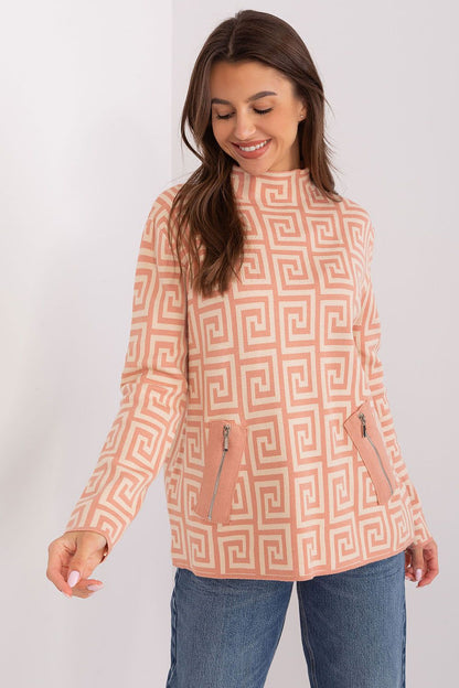 Elegant close-up of AT geometric pattern women's sweater showcasing intricate design and high-quality fabric.