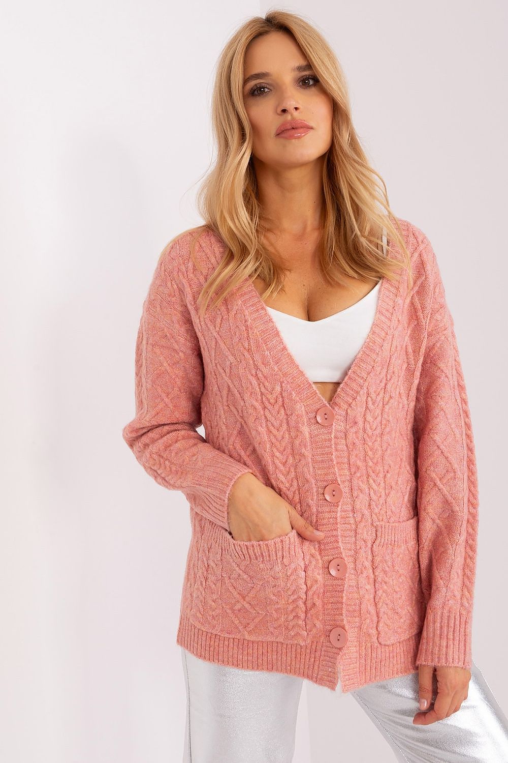 Elegant V-Neck Cardigan by AT, showcasing a sophisticated variegated fabric texture with adjustable button design to enhance neckline depth.