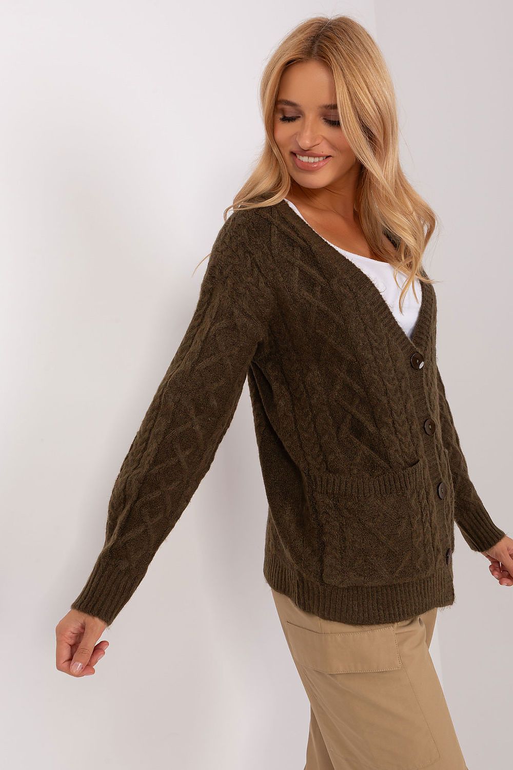 Elegant V-Neck Cardigan by AT, crafted from variegated fabric for a unique and luxurious look.