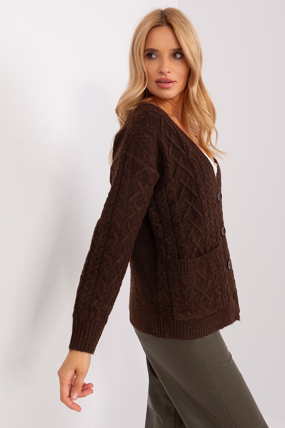 Sophisticated V-Neck Cardigan by AT, showcasing a feminine silhouette and exquisite variegated texture.