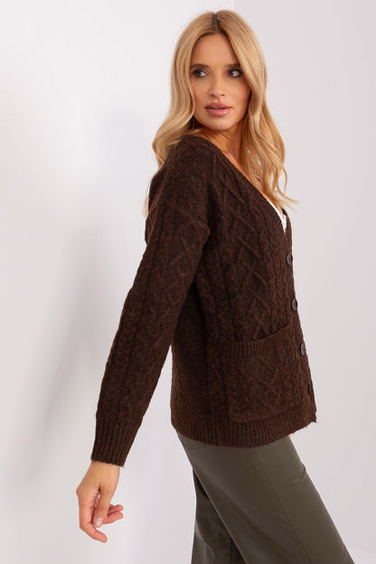 Sophisticated V-Neck Cardigan by AT, showcasing a feminine silhouette and exquisite variegated texture.