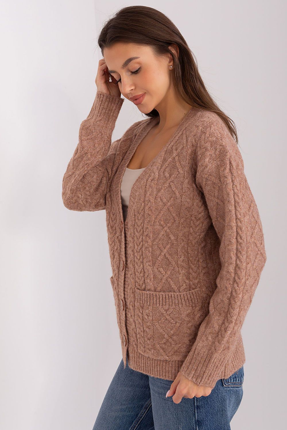 Elegant V-Neck Cardigan in variegated fabric by AT, featuring an adjustable button design for personalised comfort and style.