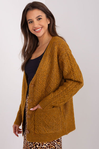 Back view of the Elegant V-Neck Cardigan in variegated fabric by AT, illustrating its stylish design and flattering fit.