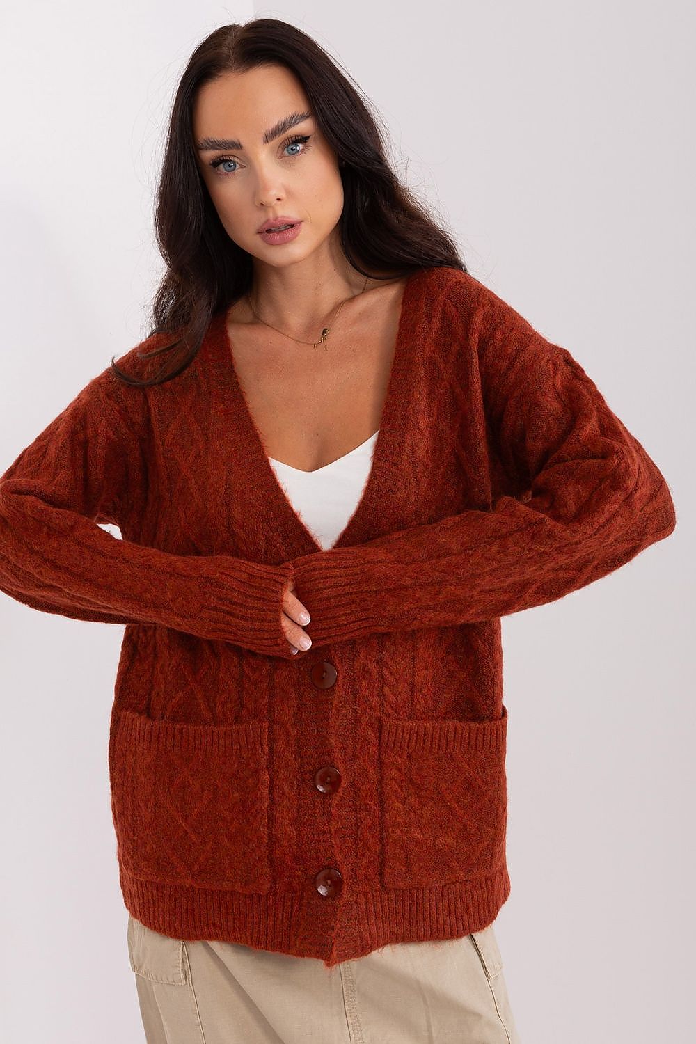 Elegant V-Neck Cardigan by AT, showcasing variegated fabric in a luxurious design, perfect for sophisticated occasions.