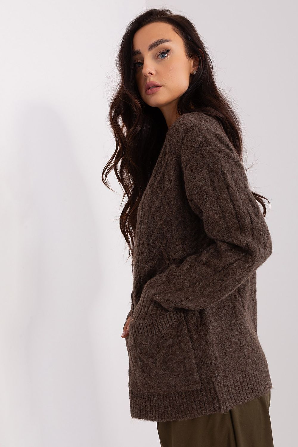 Back view of the AT Elegant V-Neck Cardigan, highlighting the sophisticated design and flattering fit for discerning fashion enthusiasts.