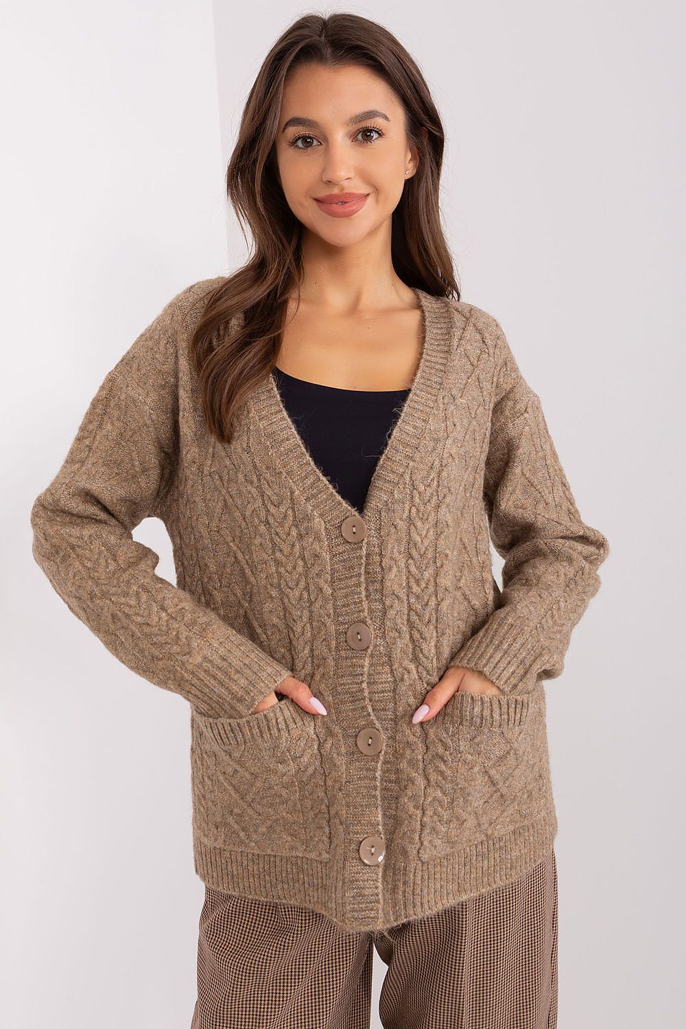Close-up view of the adjustable button design on the Elegant V-Neck Cardigan by AT, showcasing its stylish versatility for modern women.