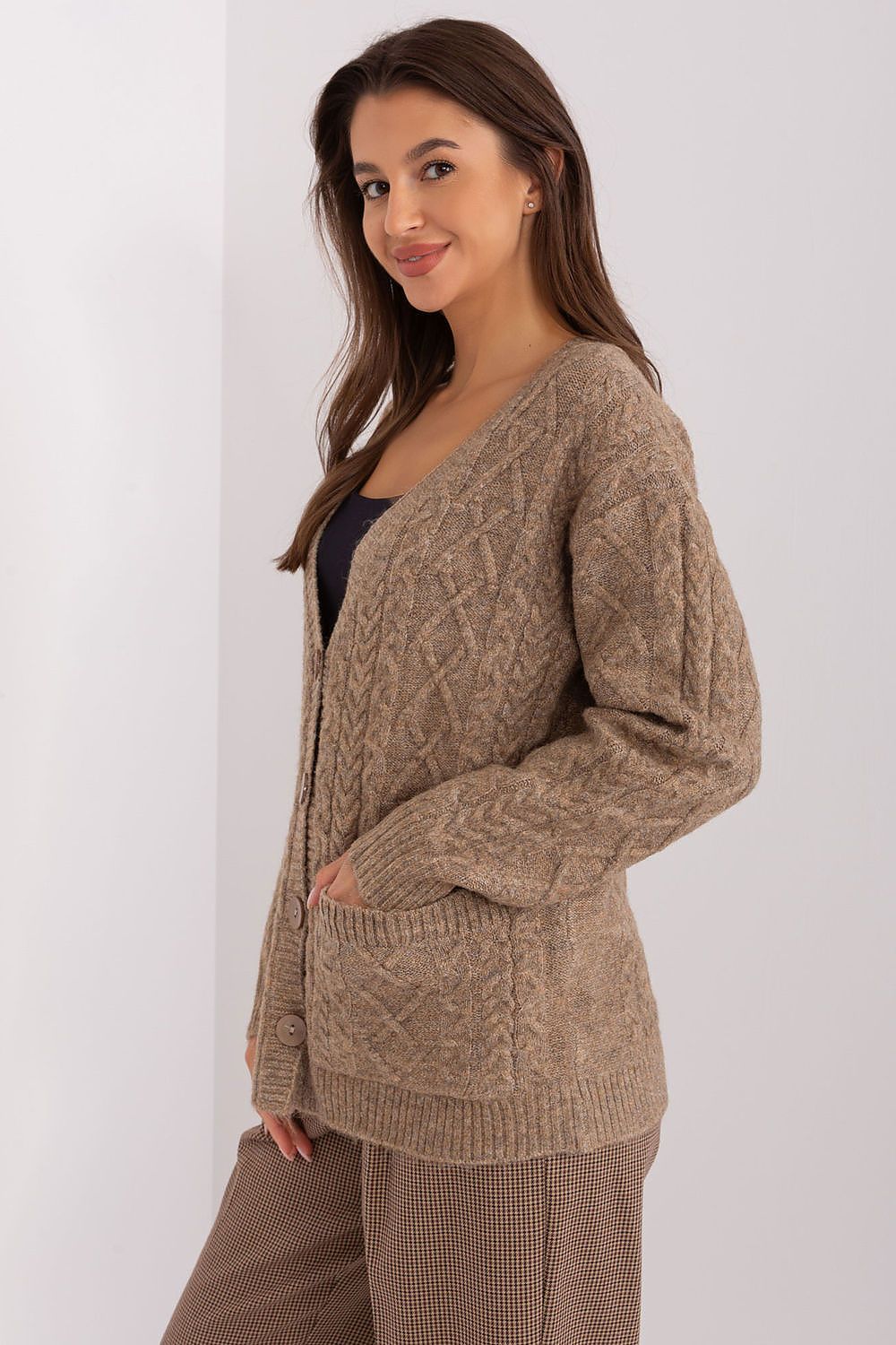 Rear view of the Elegant V-Neck Cardigan by AT, emphasizing its standard length and chic tailoring for a refined look.
