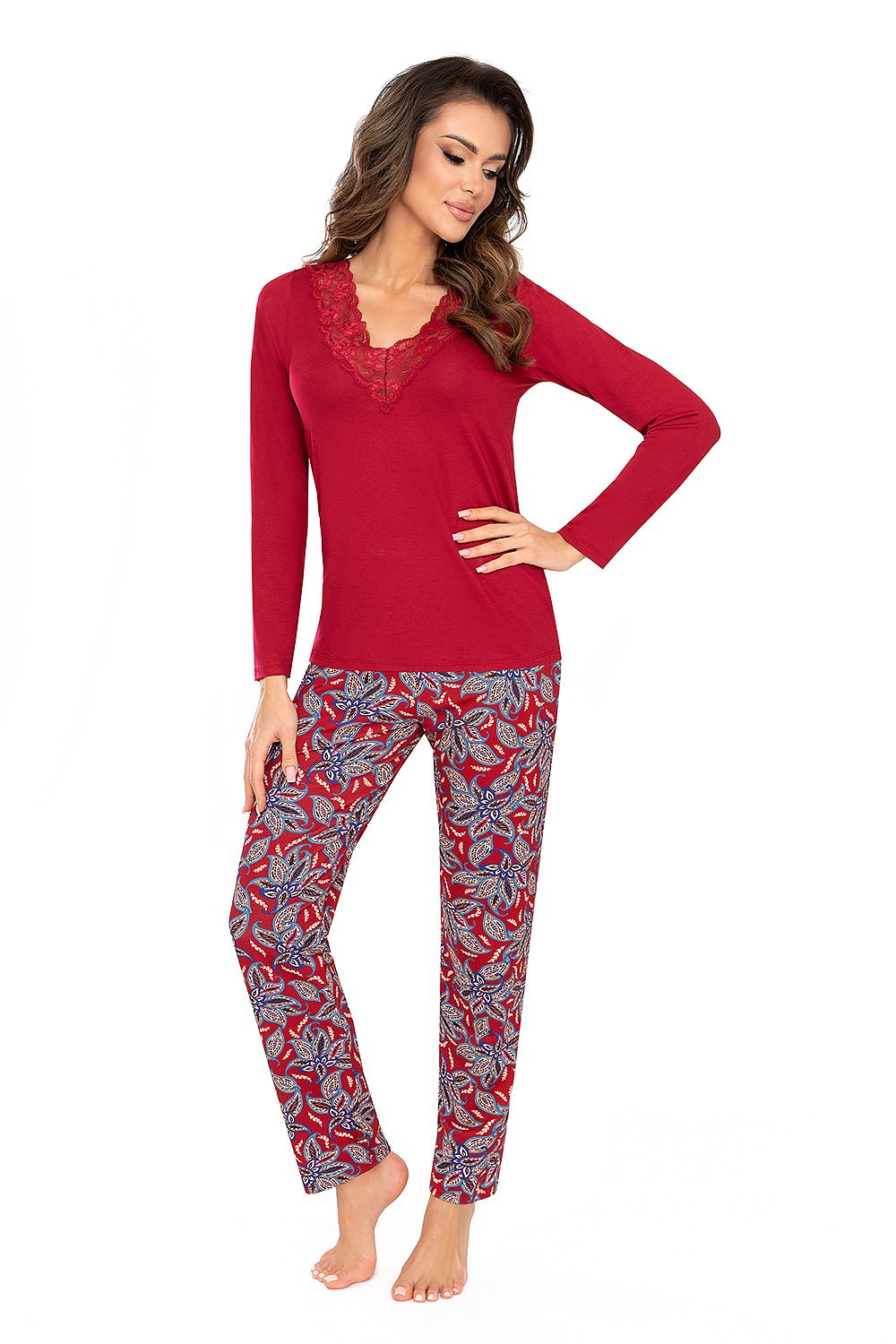Luxury RITA LONG burgundy viscose pajamas set featuring elegant lace trim and floral design, crafted by Donna for stylish comfort.