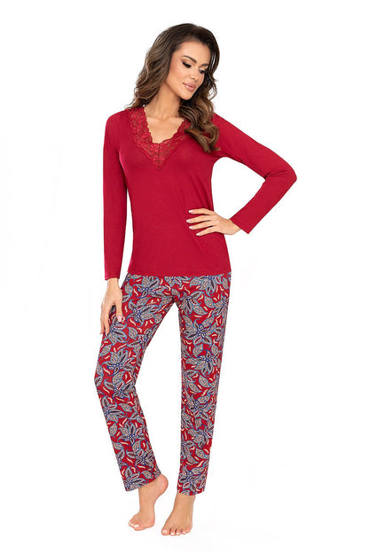 Luxury RITA LONG burgundy viscose pajamas set featuring elegant lace trim and floral design, crafted by Donna for stylish comfort.