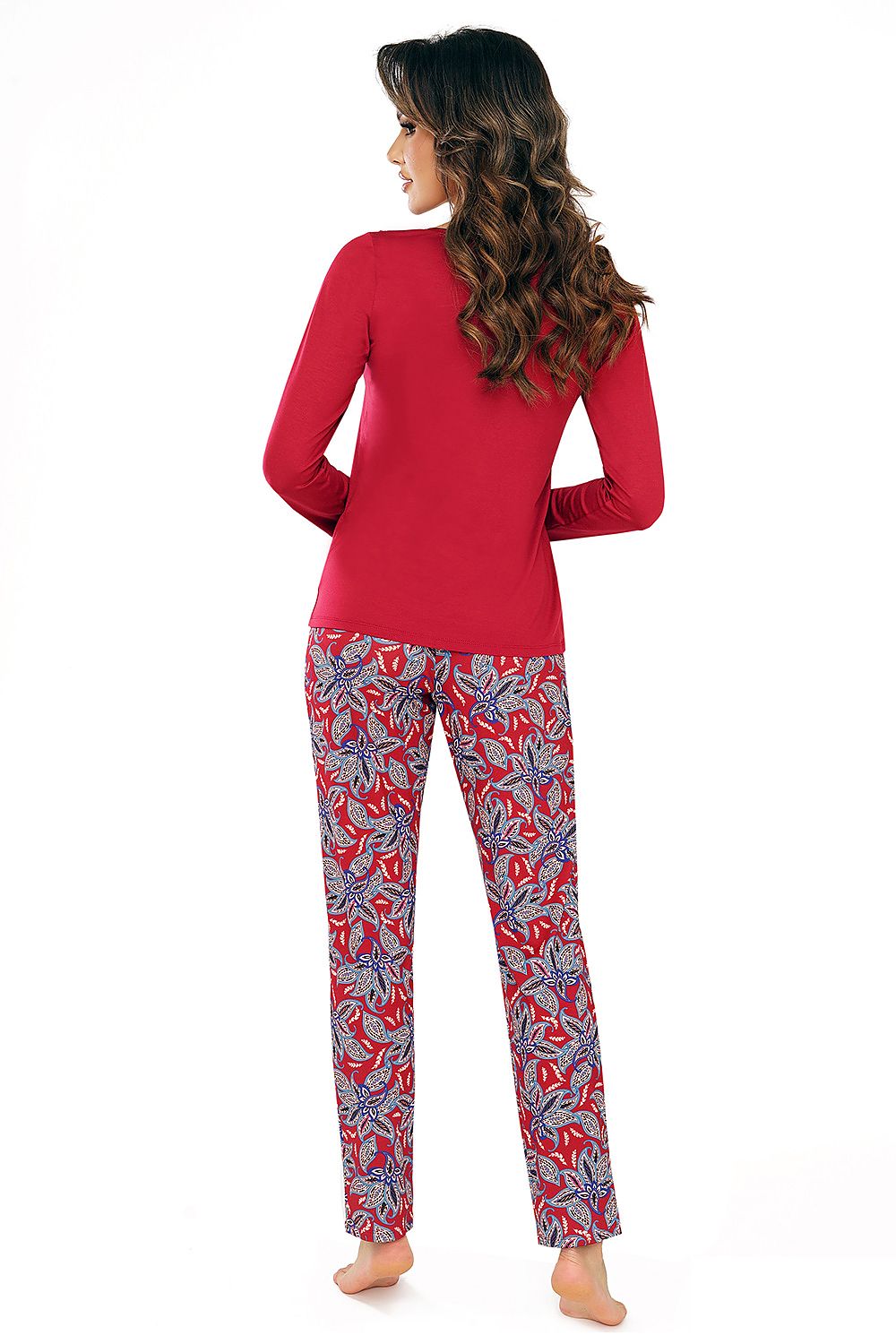 Sophisticated women's pajama set by RITA LONG, showcasing burgundy viscose with exquisite lace accents and floral patterns, designed by Donna.