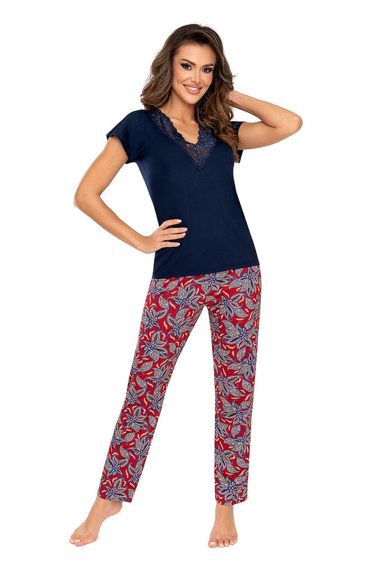 Elegant two-piece Rita pyjamas set by Donna in navy blue viscose with floral lace design, showcasing Oriental-inspired flowers.