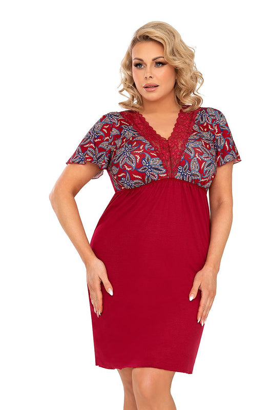 Luxurious maroon RITA PLUS nightshirt by Donna featuring elegant lace detailing and loose frill sleeves for a sophisticated sleepwear look.
