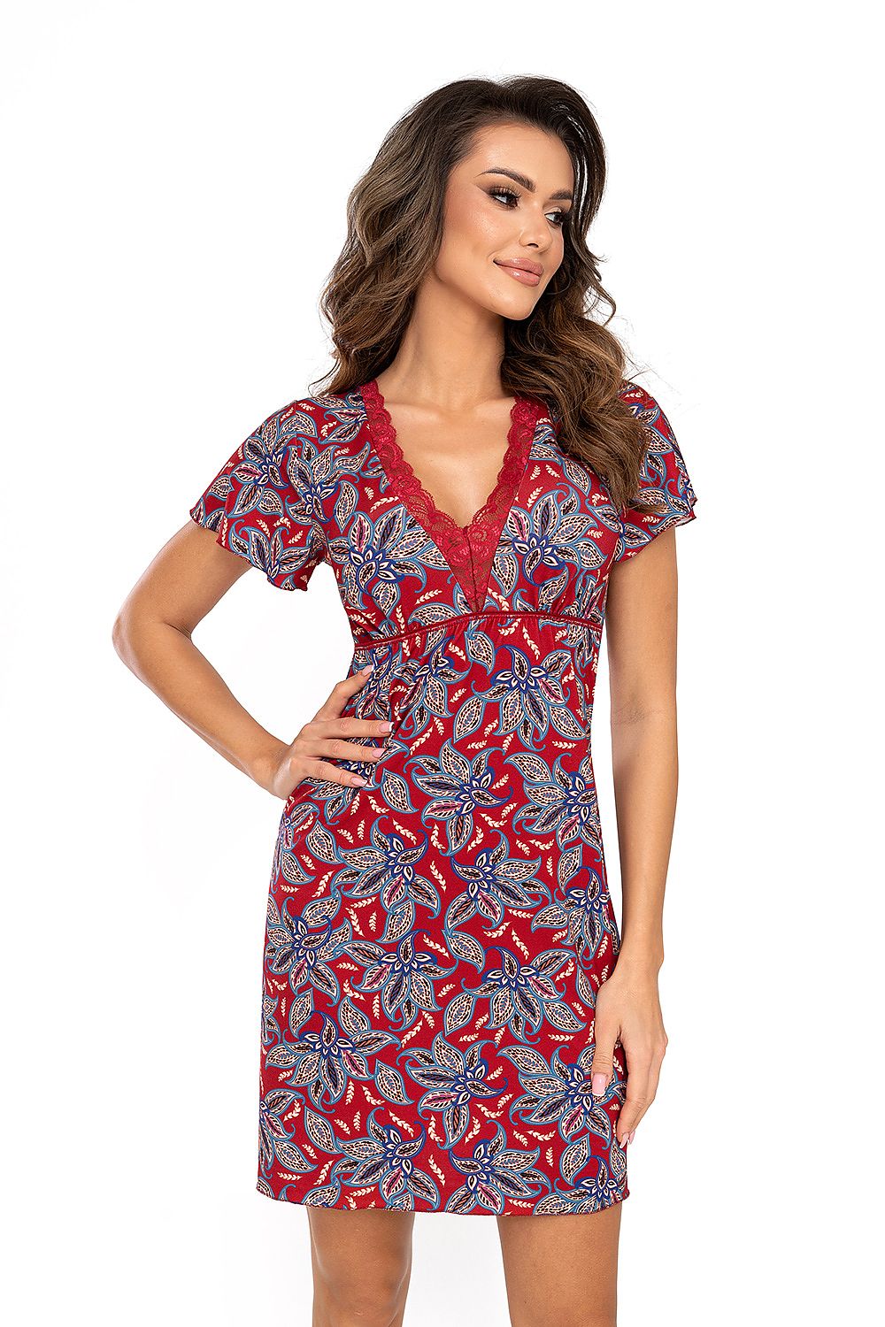 Luxury Rita Nightshirt by Donna, featuring ornate soft viscose fabric in a deep burgundy colour with delicate lace neckline, perfect for elegant lounging.