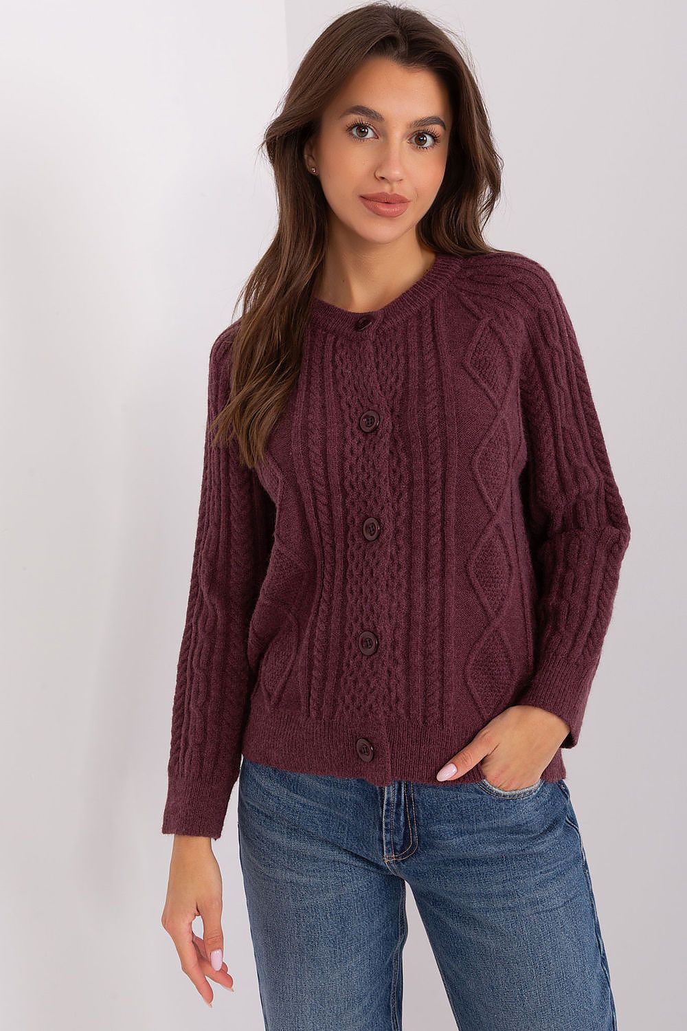 Full view of the AT women's cardigan sweater, illustrating its elegant fit and versatility for various occasions.