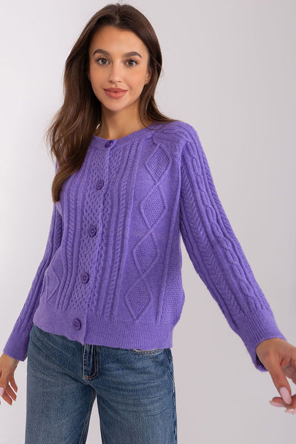 Draped view of the elegant women's cardigan sweater by AT, illustrating its standard length and how it complements casual outfits with elegance.