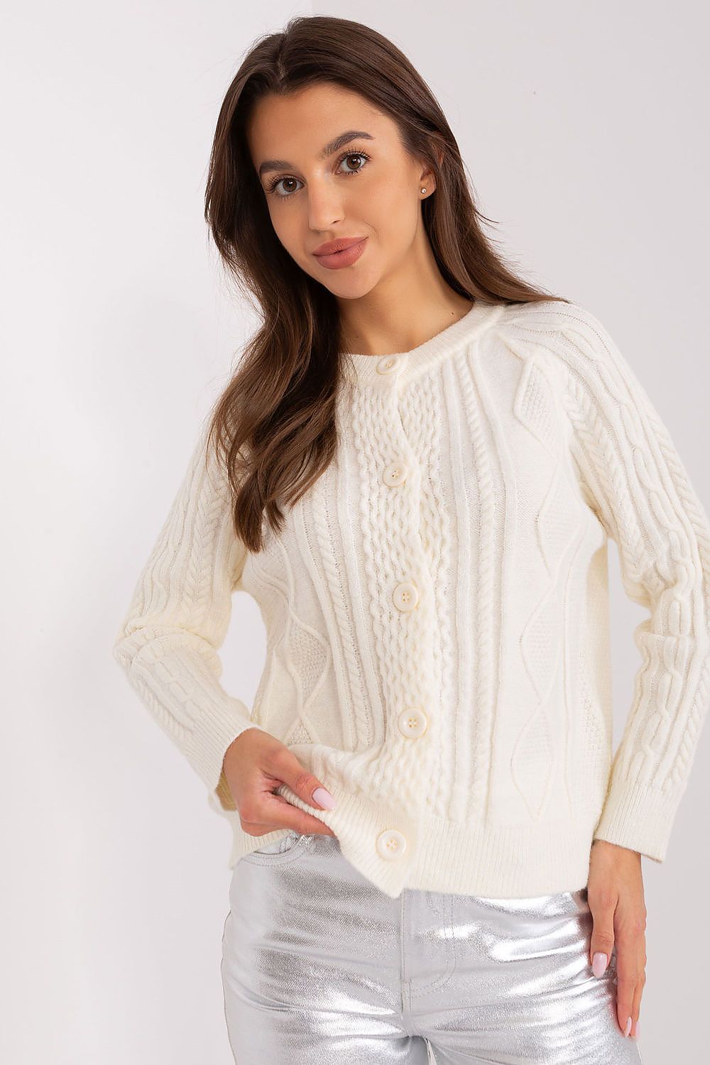 Front view of the AT women's cardigan sweater, highlighting the button detail and round neckline for an elegant casual look.
