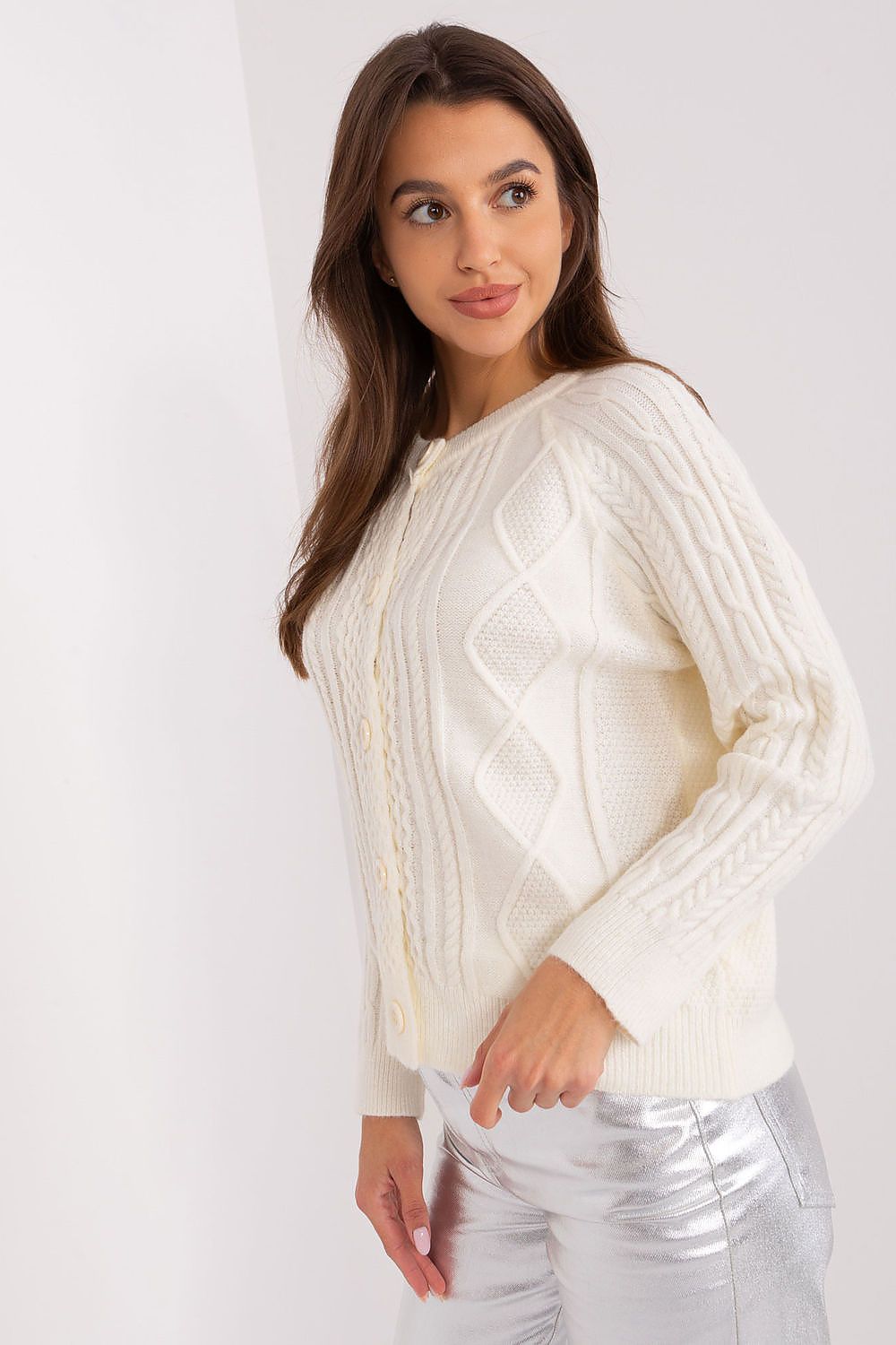 Luxurious women's sweater by AT in an elegant display, illustrating its unique variegated design and comfortable fit for colder days.