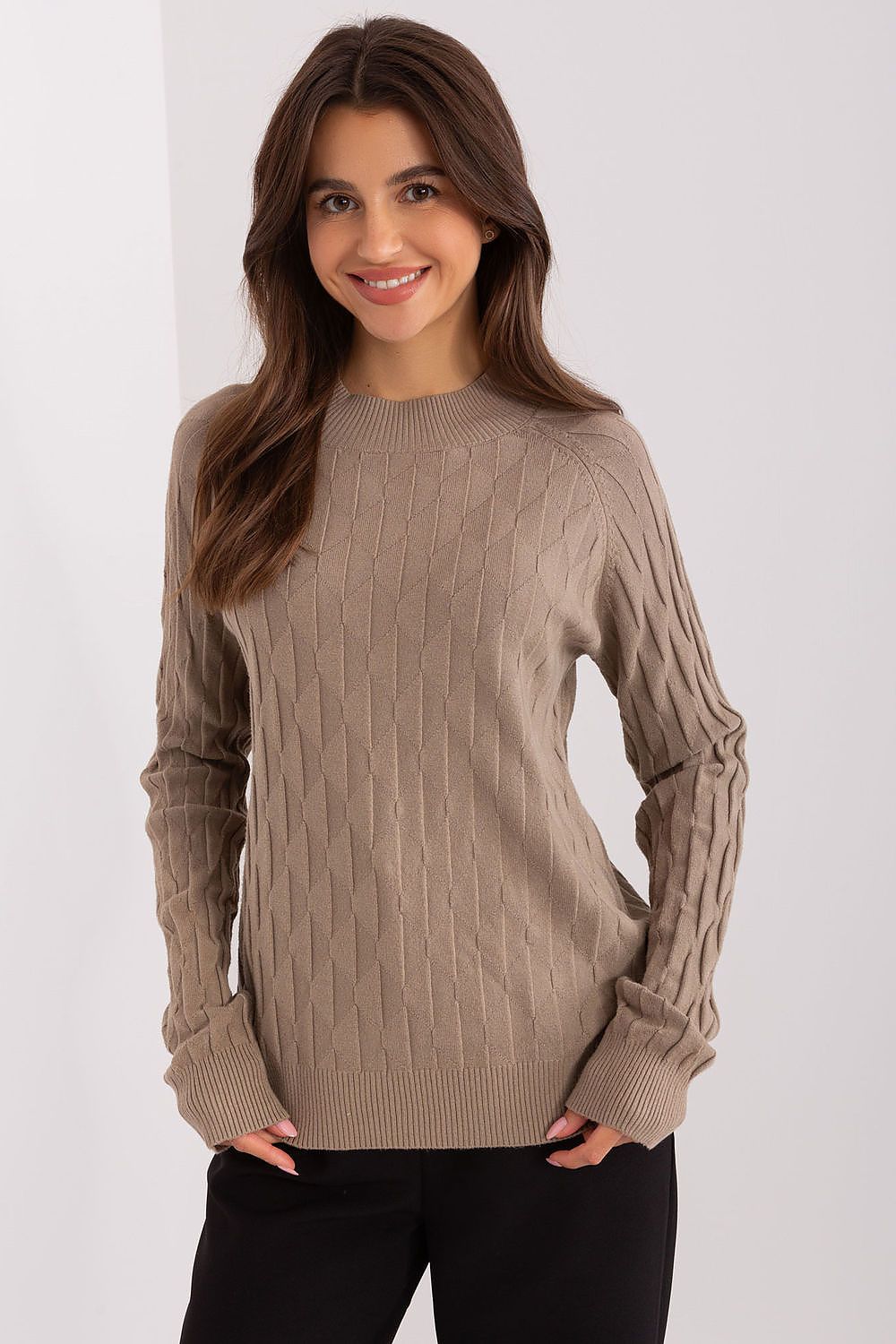 Elegant women's variegated sweater by AT featuring a classic round neckline, made of 65% polyester and 35% cotton for luxurious casual comfort.
