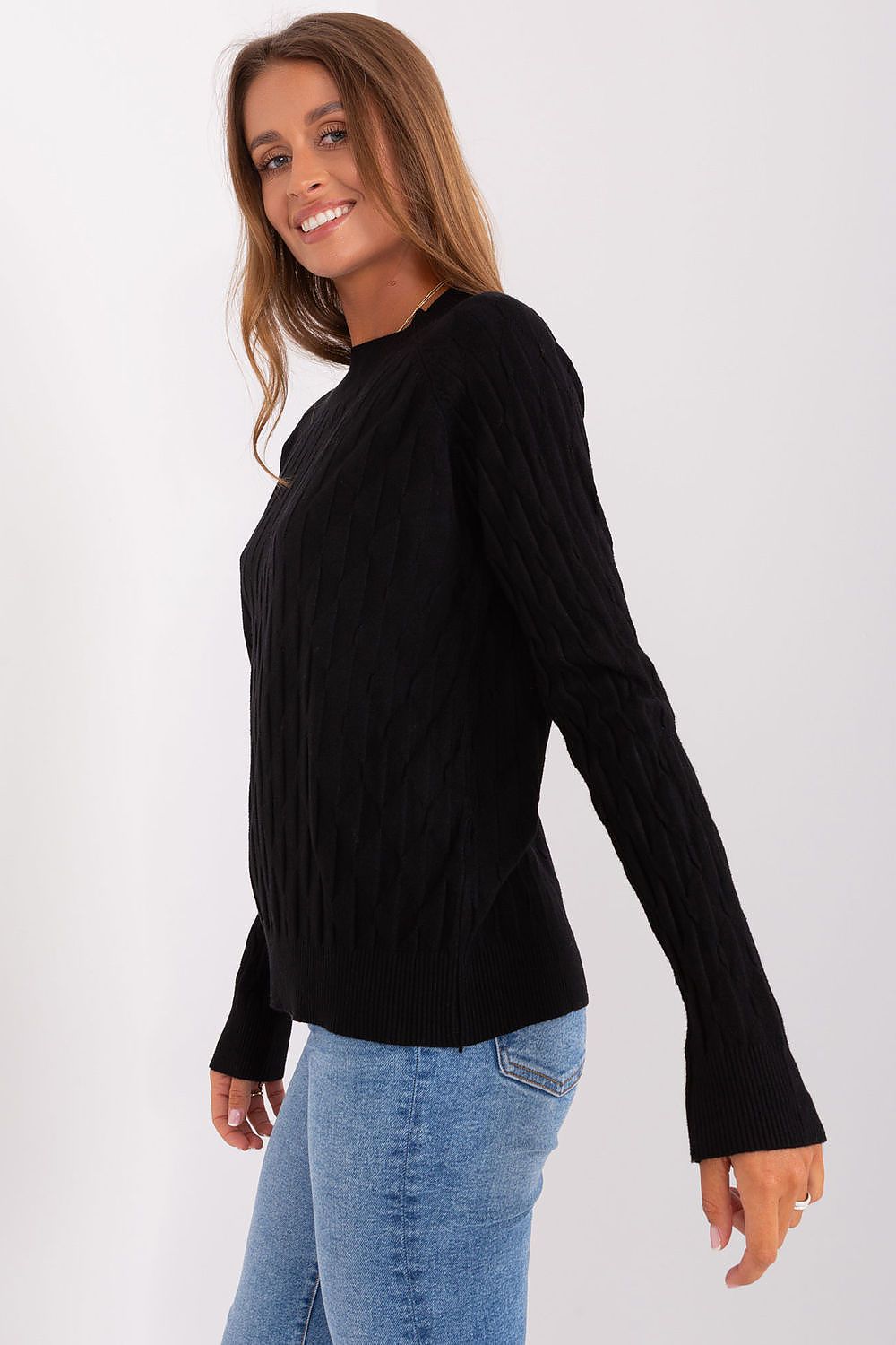 Flat lay of AT's elegant women's variegated sweater, highlighting the durable polyester material and chic long sleeves for effortless style.