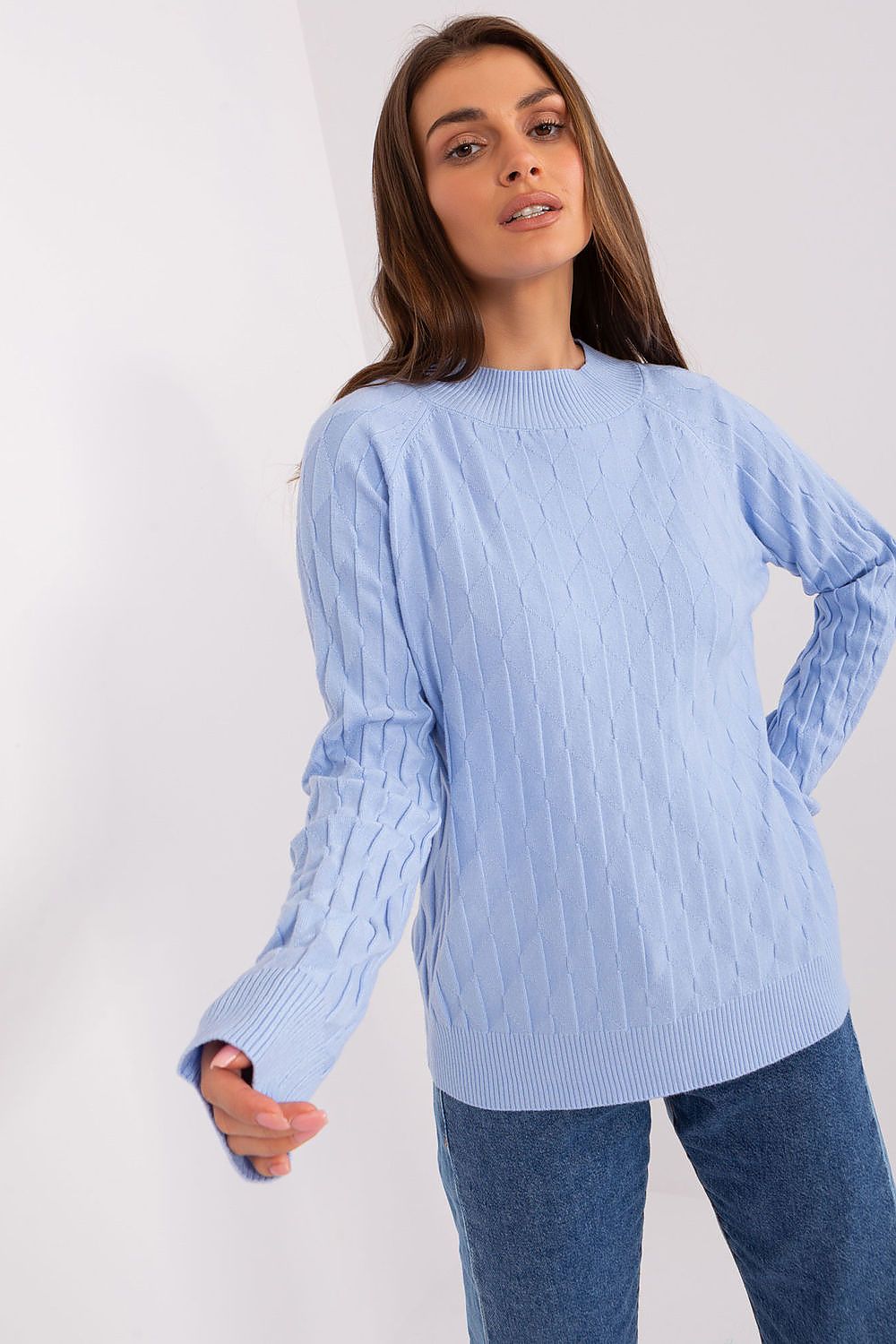 Stylish women's casual sweater by AT with a standard length, perfect for pairing with pants or skirts, highlighting comfort and elegance.