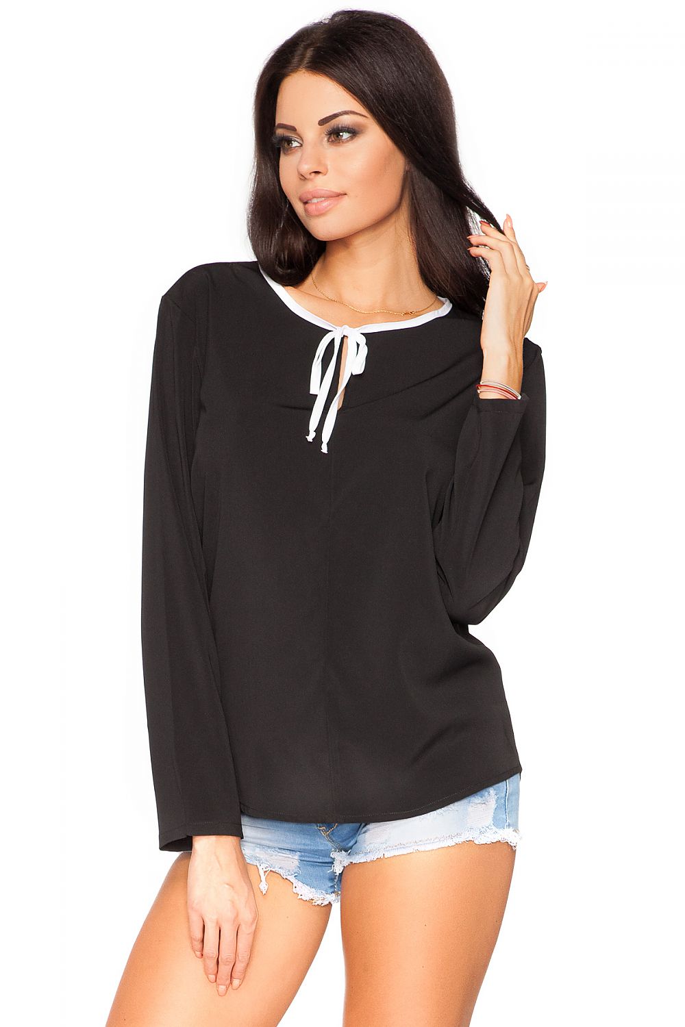 Sophisticated Tessita Elegant Chiffon Blouse with teardrop detailing, featuring a stylish tied neckline for a refined appearance.