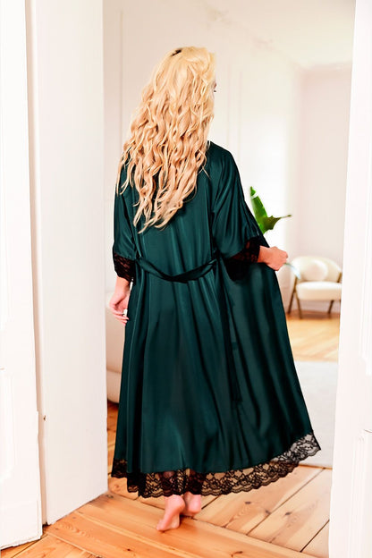 Kalimo luxurious satin bathrobe, showcasing graceful lace detailing, designed for the discerning tastes of women.