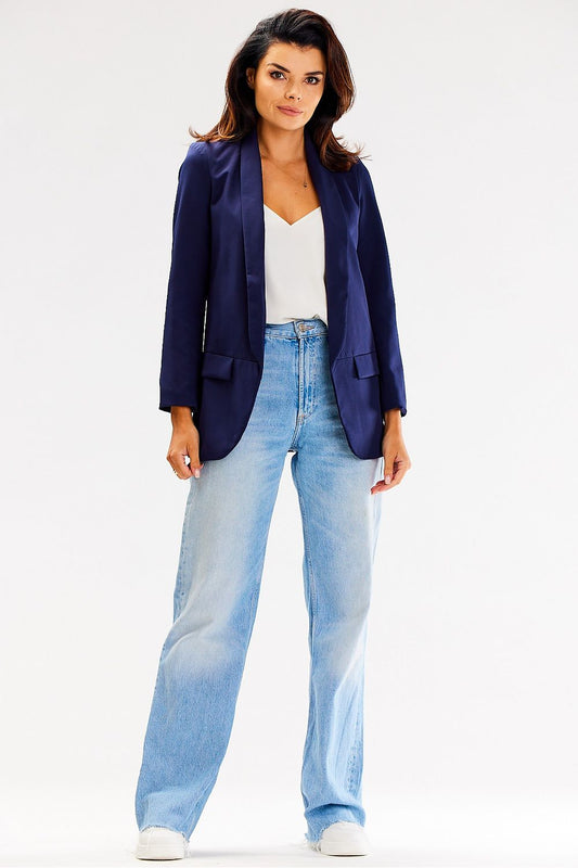 Elegant Awama loose casual jacket with shawl collar, featuring ruffled sleeves and decorative pockets, perfect for a chic everyday look.