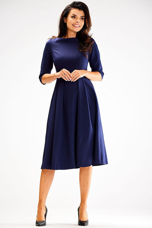 Elegant flared daydress by Awama, featuring 3/4 sleeves and a stylish boat neckline, perfect for upscale occasions.
