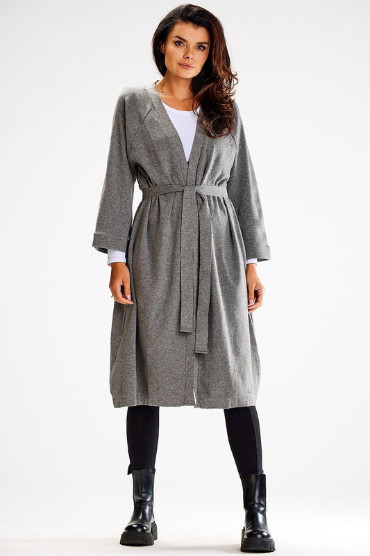Luxurious long cardigan with tie belt and wide sleeves, crafted by Awama, featuring a soft nylon, PBT, and viscose blend fabric.