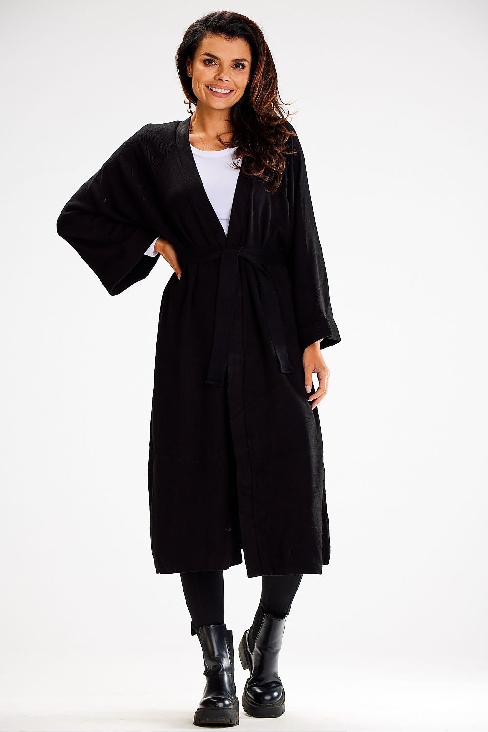 Luxury long cardigan by awama featuring a stylish tie belt and wide sleeves, crafted from a soft nylon, PBT, and viscose blend.