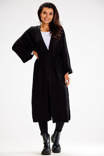 Luxury long cardigan by awama featuring a stylish tie belt and wide sleeves, crafted from a soft nylon, PBT, and viscose blend.