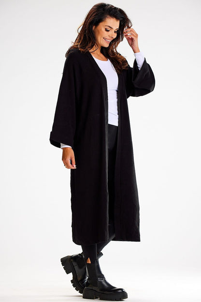 Elegantly draped long cardigan from awama, showcasing wide sleeves and a sophisticated tie belt, perfect for versatile outfits.