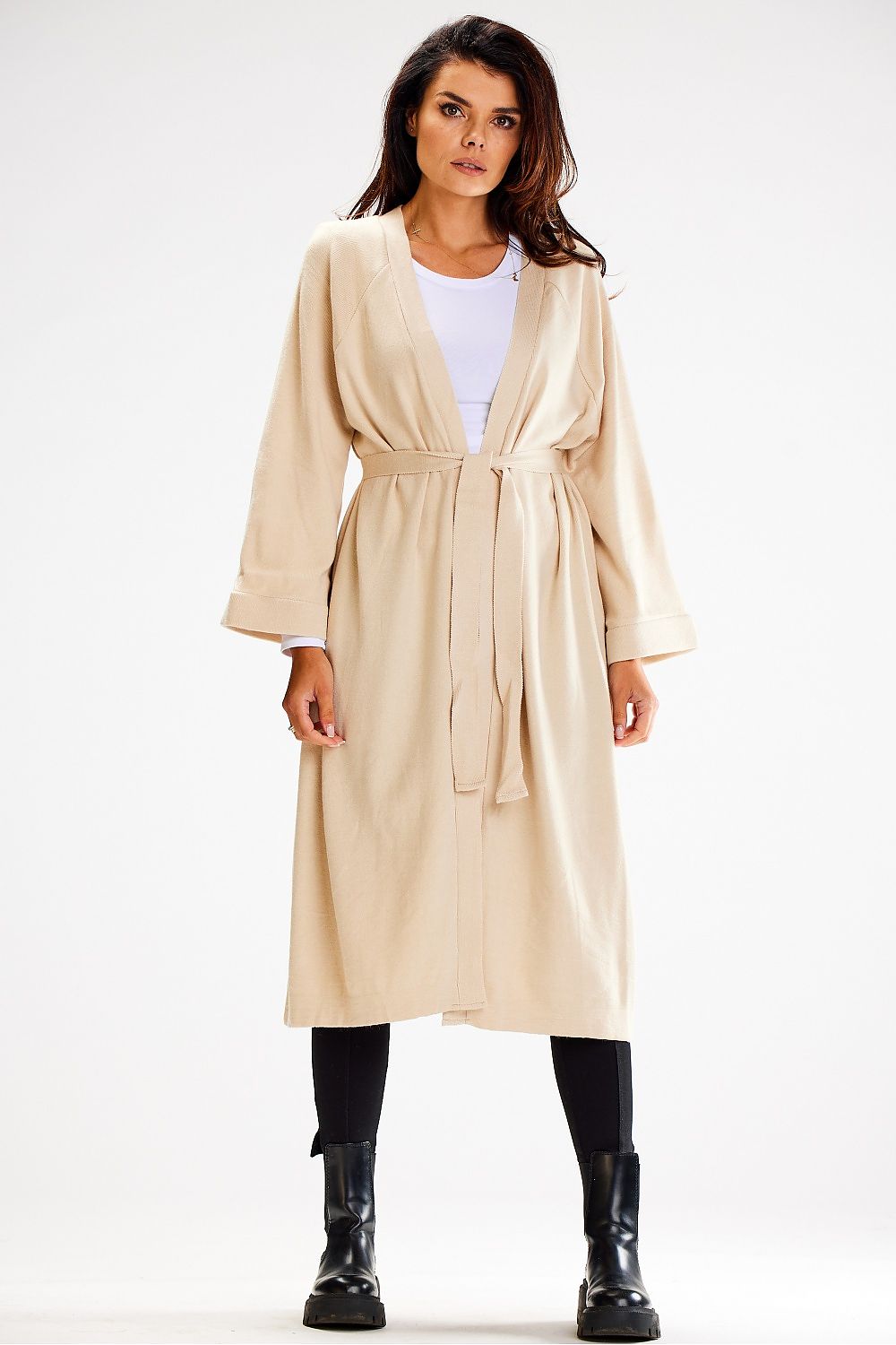 Chic long cardigan by awama, designed with a flattering tie belt and wide sleeves, ideal for layering in any season.
