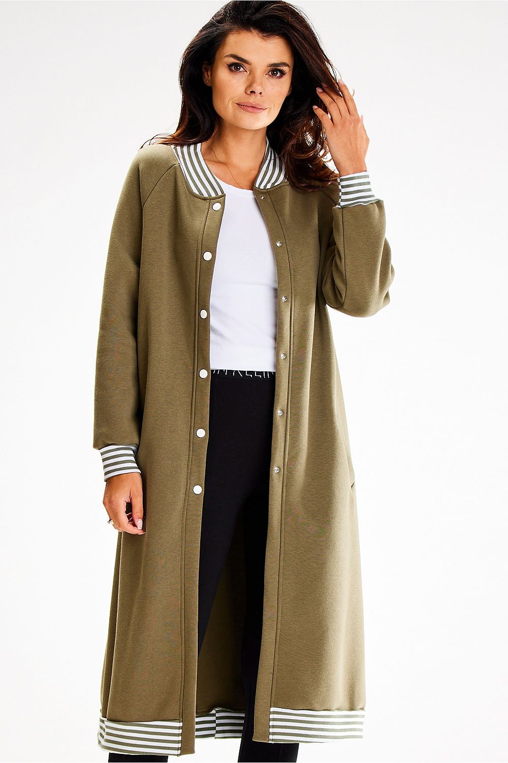 Elegant long sweatshirt by Awama featuring decorative striped ribbing and stylish side slip pockets.